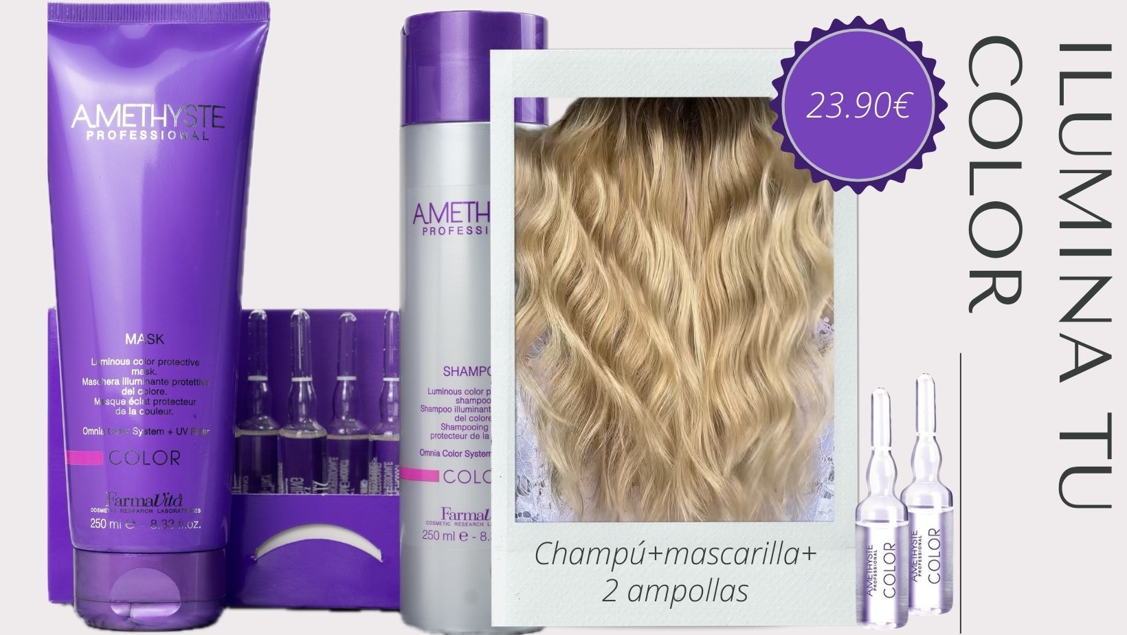 Pack ilumina tu color Champú+Mascarilla+2 ampollas By Amethyste
