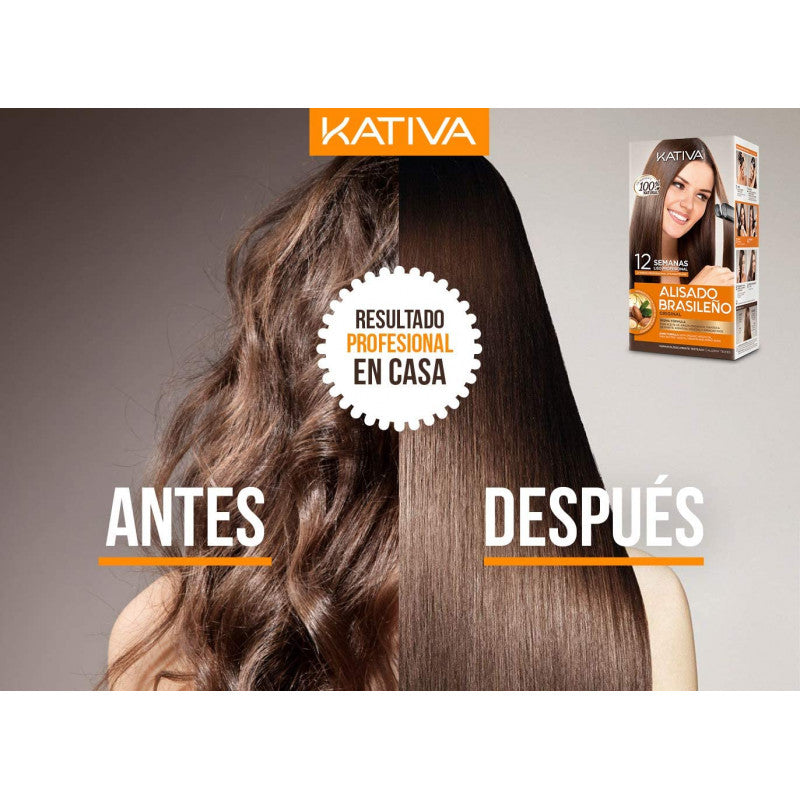 Kativa Kit Alisado Brasileño - Tratamiento Alisador Profesional Hasta 12 Semanas de duración - Alisado Keratina - Keratina Vegetal - Sin formol